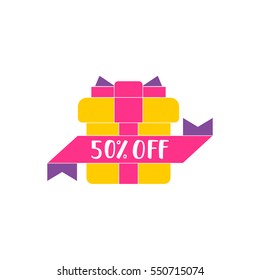 50% off vector Illustration. A poster with sale lettering and gift box.
Advertising vector banner template.