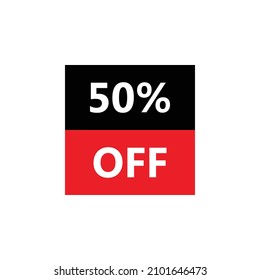 Bis zu 50 % Rabatt. Vektorgrafik eines Sonderangebot-Aufklebers auf weißem Hintergrund. Rotes schwarzes Schnäppchensymbol. Halbpreissymbol. Rabatt, Verkaufskonzept.