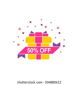 50% OFF vector Illustration.
Super sale gift box banner.
Special sale offer banner, up to 50% off. 
Winter sale poster with 50 PERCENT OFF text. 
Advertising vector banner template.