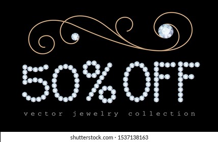 50% off, vector sale banner with diamond jewelry letters and gold jewellery decorative flourish on black