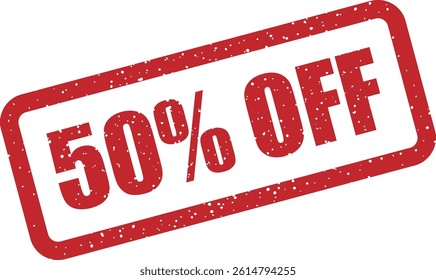 "50% OFF" vector stamp to advertise major price reductions, perfect for seasonal promotions, flash sales, or clearance events with highly attractive savings