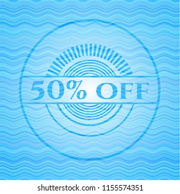 50% Off water wave representation badge background.