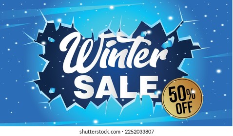 50% off. Winter banner with fifty percent discount on a blue balloon for winter sales.