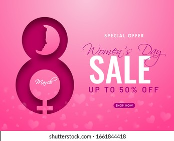 UP TO 50% Off for Women's Day Sale Poster Design with Pink Paper Cut 8 March and Female Gender Sign.