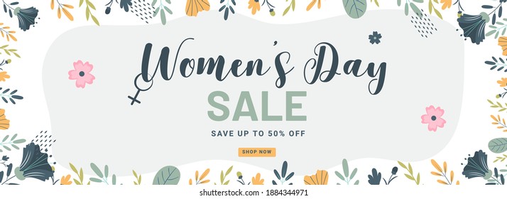 UP TO 50% Off for Women's Day Sale Header or Banner Design Decorated with Flowers and Leaves.