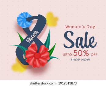 UP TO 50% Off For Women's Day Sale Poster Design With 8th March Text.
