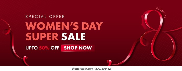 UP TO 50% Off For Women's Day Sale Banner Or Header Design With 8 Number Form By Pink Ribbon Of March.