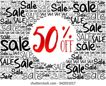 50% OFF word cloud background, business concept