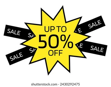 Up to 50% OFF written on a yellow ten-pointed star with a black border. On the back, two black crossed bands with the word sale written in white.