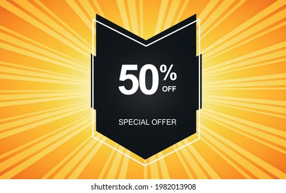 50% off. Yellow banner with fifty percent discount on a black balloon for mega offers.



