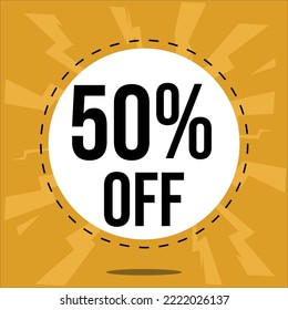 50% off. Yellow banner fifty percent off white balloon for mega big sales.