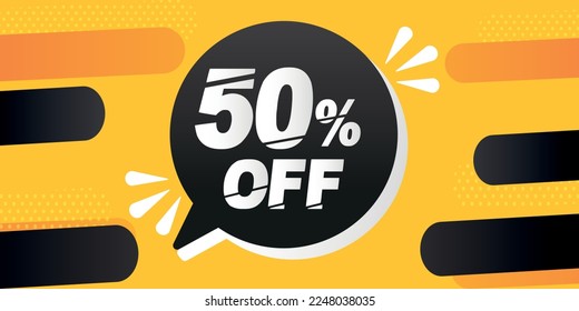 50% off. Yellow banner with fifty percent discount on a black balloon for mega big sales.