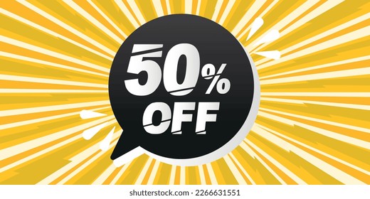 50% off. Yellow banner with fifty percent discount on a black balloon for mega big sales.