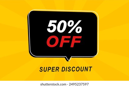 50% off. Yellow banner with fifty percent discount on a black balloon