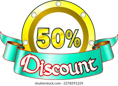 50% off, yellow disk and green ribbon, vector illustration for wholesale and retail, illustrative art, beautiful illustration, vector. God is good!