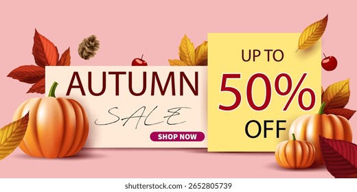 up to 50% off.autumn seasonal business discount,bonus,offer advertising banner design element.maple leaves,pumpkins decor autumn concept sale background vector illustration.