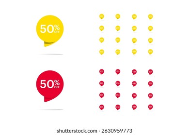 50% off,discount offer,bubble shapes in red and yellow with various discount settings. 10%, 15%, 20%, 25%, 30%, 35%, 40%, 45%, 55%, 60%, 65%, 70%, 75%, 80%, 85%, and 90% price clearance tags in eps 10