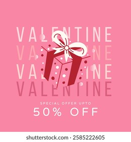 50% offer Valentine's day sale banner with gifts box and advertising discount text decoration. Vector illustration.