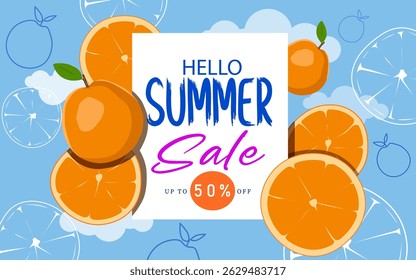 up to 50% off.hello summer sale banner.orange fruits,slices and simple out lines orange slices flying on the blue cloudy sky background.summer business and promotion banner flat design.