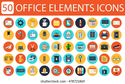 50 Office Icons. Modern Flat Icons Vector Collection Of Business Elements, Office Equipment And Marketing Items. Isolated On White Background.