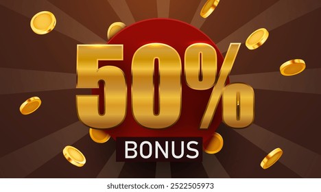 50 percent bonus with falling golden coins. Cashback or prize concept. Vector illustration