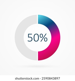 50 percent circle pie chart, isolated symbol. Vector gradient element. Infographic sign. Illustration, icon for business, finance, report, web design, downloading