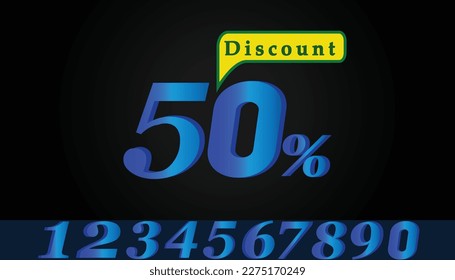 50 Percent Discount 3d Sign on blue Background, Sale Up to 50 Percent Off, Sale Symbol, Vector format and 0 to 9 3D Numbers