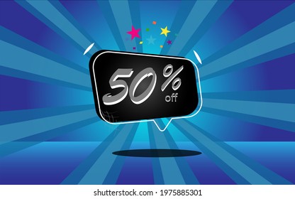 50 percent discount. blue banner with floating balloon for promotions and offers.