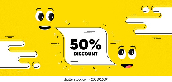 50 percent Discount. Cartoon face chat bubble background. Sale offer price sign. Special offer symbol. Discount chat message. Character smile face. Vector
