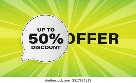 Up to 50 percent discount. Chat speech bubble banner. Sale offer price sign. Special offer symbol. Save 50 percentages. Discount tag speech bubble message. Talk box background.