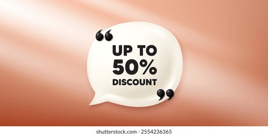 Up to 50 percent discount. Chat speech bubble 3d banner. Sale offer price sign. Special offer symbol. Save 50 percentages. Discount tag chat message. Speech bubble red banner. Text balloon. Vector