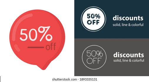 50 por ciento descuento icono plano vector aislado con descuento sólido, iconos de línea