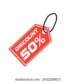 The 50 percent discount logo is a simple vector design with a red square triangle shape and a black rope