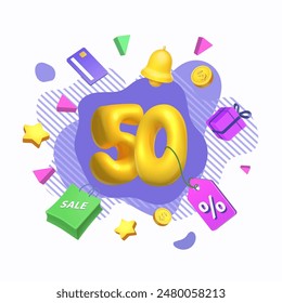 50 percent discount mega sale. Special offer poster. Stars, gift box, bank card. Sale bag. Vector 3d cartoon illustration.