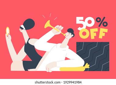 50 percent discount modern vector illustration girl looking at herself in the mirror - man playing the trumpet