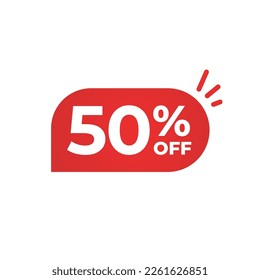 50 percent discount off. Red tag. Price tag with red gradient and white background.
