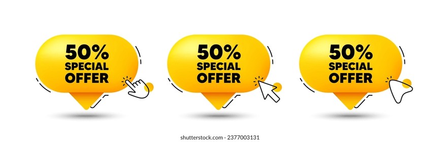 50 percent discount offer tag. Click here buttons. Sale price promo sign. Special offer symbol. Discount speech bubble chat message. Talk box infographics. Vector