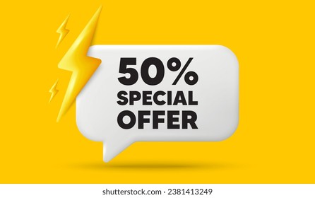 50 percent discount offer tag. 3d speech bubble banner with power energy. Sale price promo sign. Special offer symbol. Discount chat speech message. 3d offer talk box. Vector