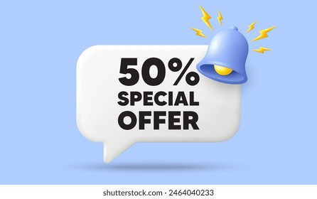 50 percent discount offer tag. 3d speech bubble banner with bell. Sale price promo sign. Special offer symbol. Discount chat speech message. 3d offer talk box. Vector