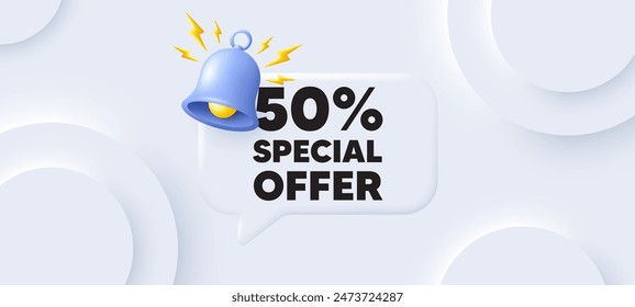 50 por ciento de descuento etiqueta de oferta. Fondo neumórfico con burbuja de discurso de chat. Signo de promoción de Precio de venta. Símbolo de oferta especial. Mensaje de voz de descuento. Anuncio con campana. Vector