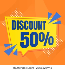 50 percent discount orange banner with yellow floating balloon for offers and promotions sales.