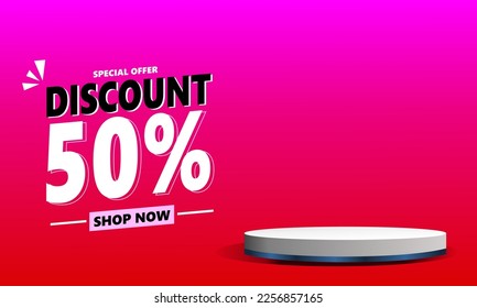 50 percent discount sale banner template with stage podium product space. Vector illustration. Can used for business store event.