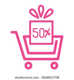 50 percent discount sale label in gift box and shopping cart vector illustration design
