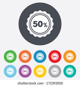 50 percent discount sign icon. Sale symbol. Special offer label. Round colourful 11 buttons. Vector