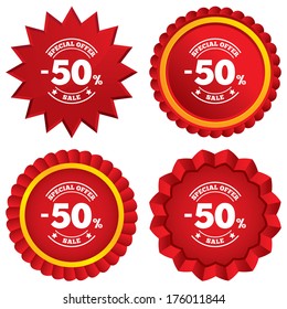 50 percent discount sign icon. Sale symbol. Special offer label. Red stars stickers. Certificate emblem labels. Vector