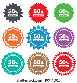 50 percent discount sign icon. Sale symbol. Special offer label. Stars stickers. Certificate emblem labels. Vector