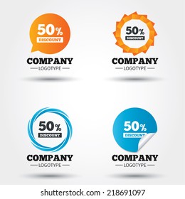 50 percent discount sign icon. Sale symbol. Special offer label. Business abstract circle logos. Icon in speech bubble, wreath. Vector