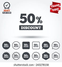 50 percent discount sign icon. Sale symbol. Special offer label. Circle, star, speech bubble and square buttons. Award medal with check mark. Thank you ribbon. Vector