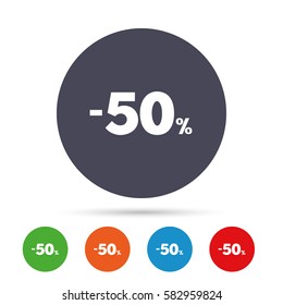 50 percent discount sign icon. Sale symbol. Special offer label. Round colourful buttons with flat icons. Vector
