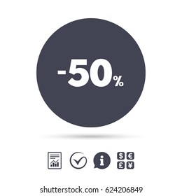 50 percent discount sign icon. Sale symbol. Special offer label. Report document, information and check tick icons. Currency exchange. Vector